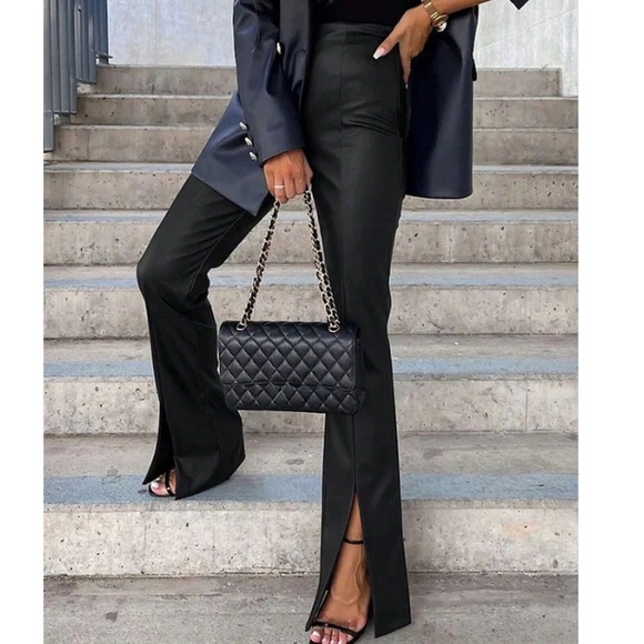 Luxe Black Vegan Leather Split Hem Pants - Picture 2 of 4